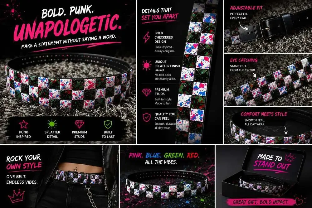 Punk Style Multi-Color Paint Splatter Checkerboard Pyramid Studded Belt